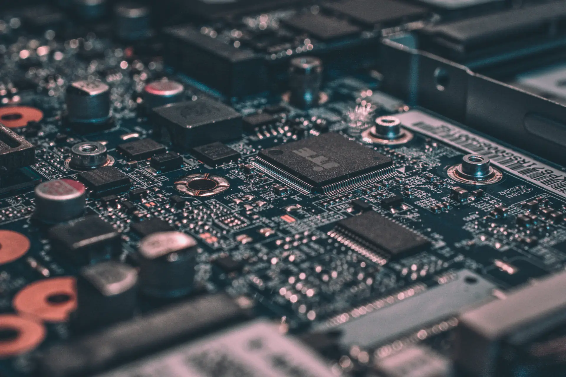 Close view of an electronic circuit board used in optical communications systems
